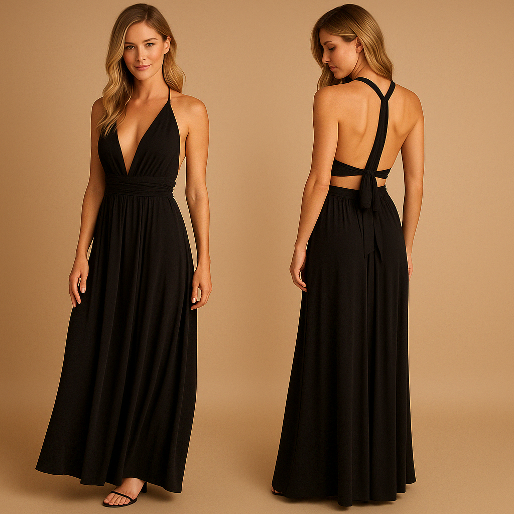 Black Wrap Dress With Adjustable Straps and Pleated Waist | Mila-6