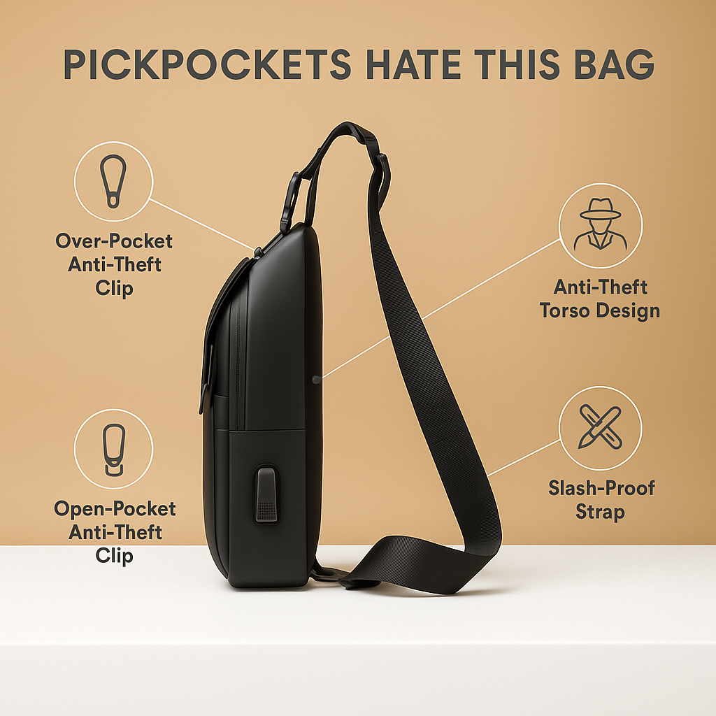 Men’s waterproof anti-theft crossbody bag with RFID protection and USB port—ideal for commuting and travel.