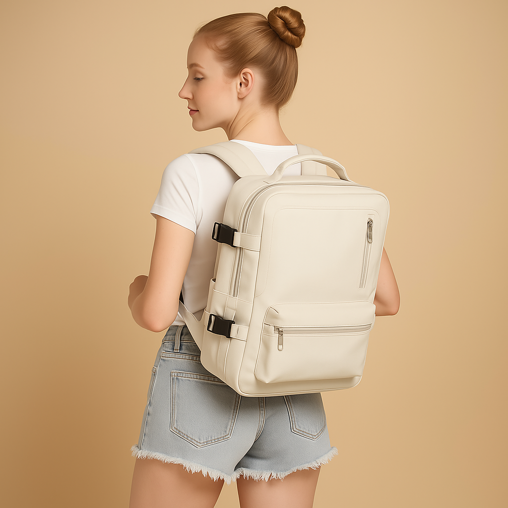Women’s anti-theft travel backpack with wet compartment, padded straps, and 180-degree opening, ideal for vacations and daily use