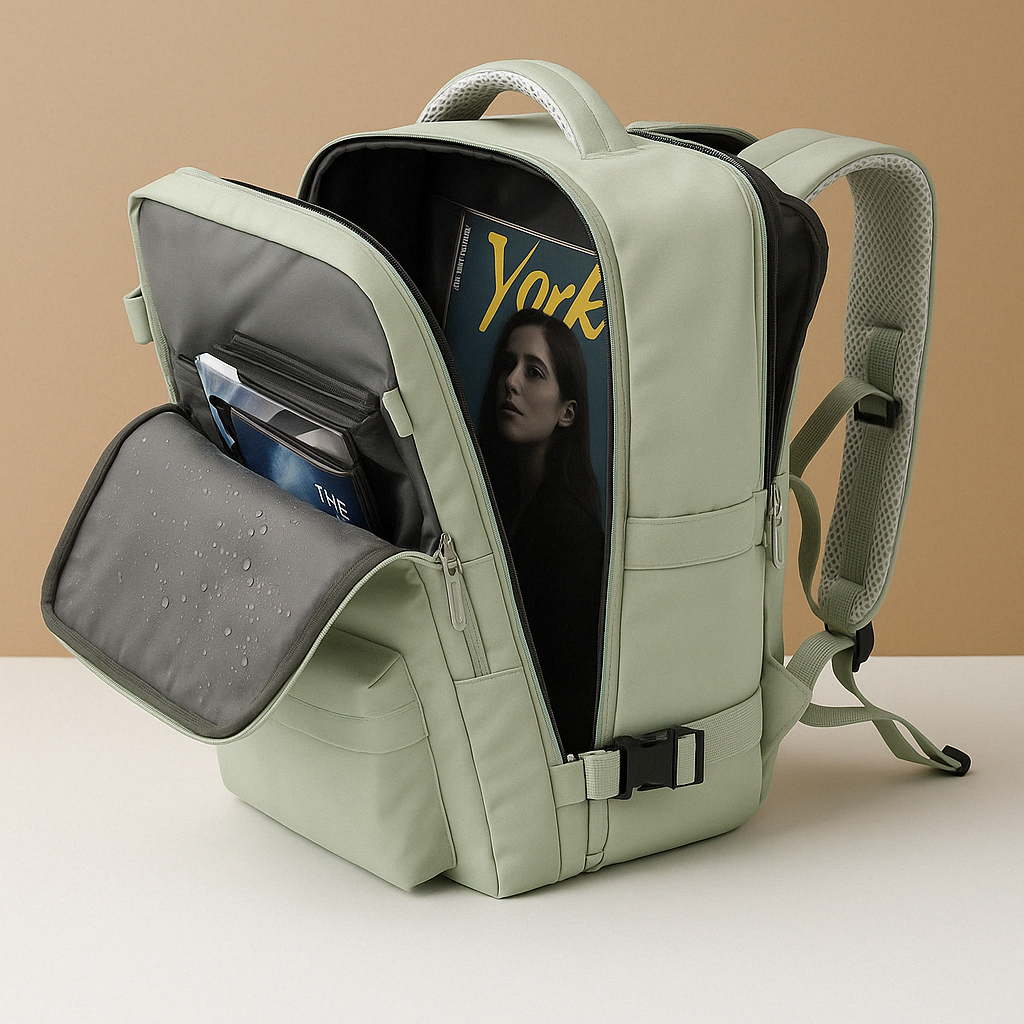Women’s anti-theft travel backpack with wet compartment, padded straps, and 180-degree opening, ideal for vacations and daily use