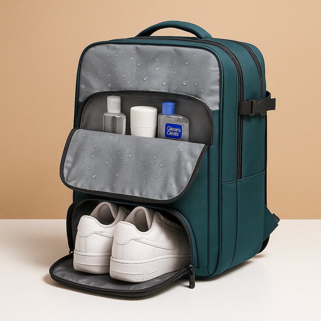 Women’s anti-theft travel backpack with wet compartment, padded straps, and 180-degree opening, ideal for vacations and daily use