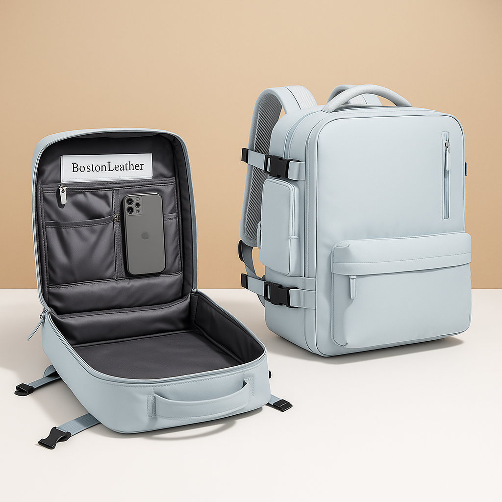 Women’s anti-theft travel backpack with wet compartment, padded straps, and 180-degree opening, ideal for vacations and daily use