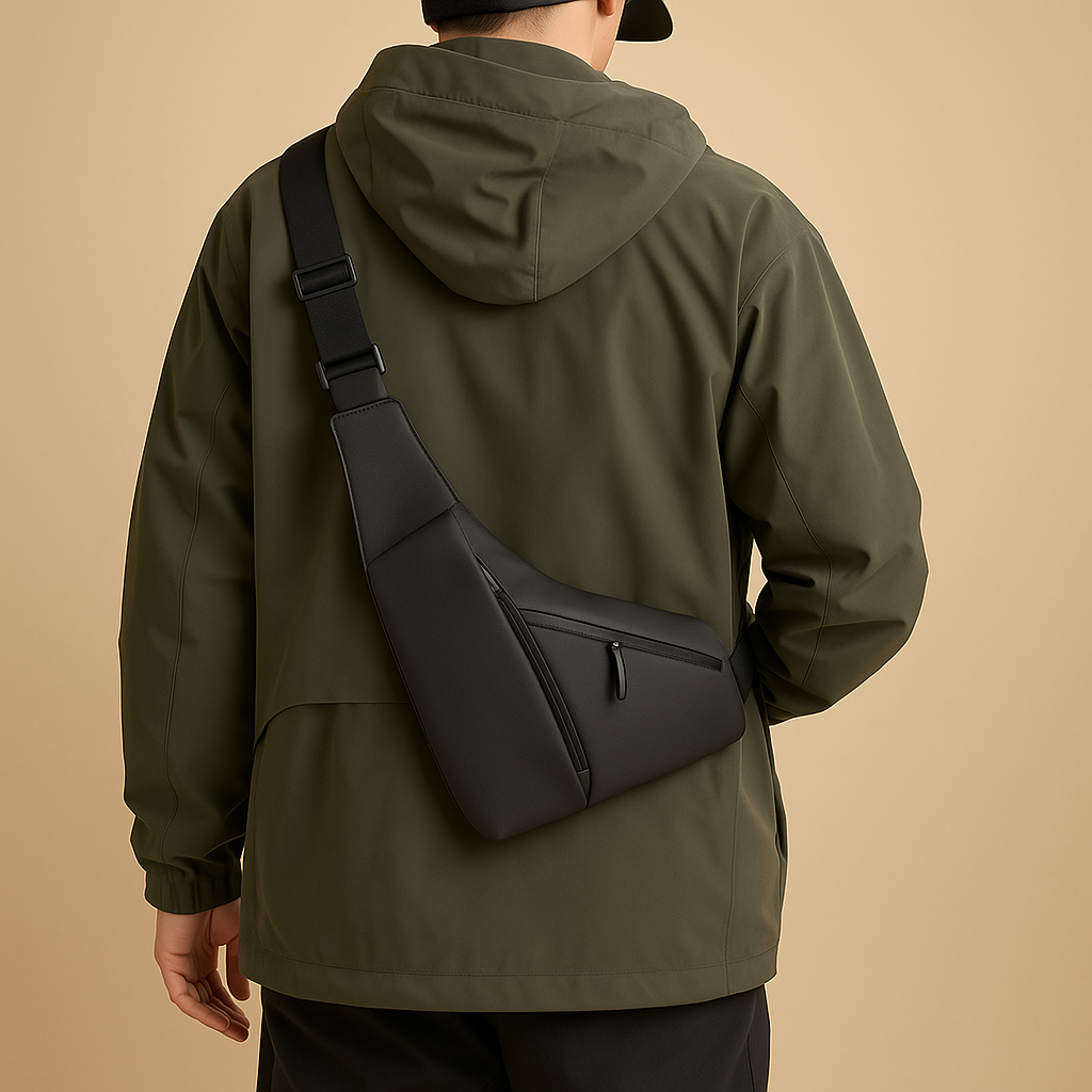 Anti-theft sling bag for men with waterproof nylon fabric, quick-release buckle, and hidden security pocket—ideal for travel and urban exploration.