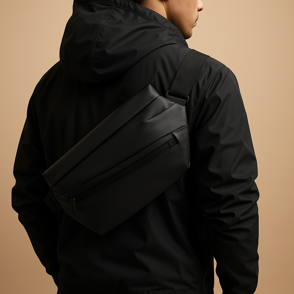 Anti-theft sling bag for men made of waterproof vegan leather with magnetic closure, zip compartments, and ergonomic strap—perfect for commuting or travel.