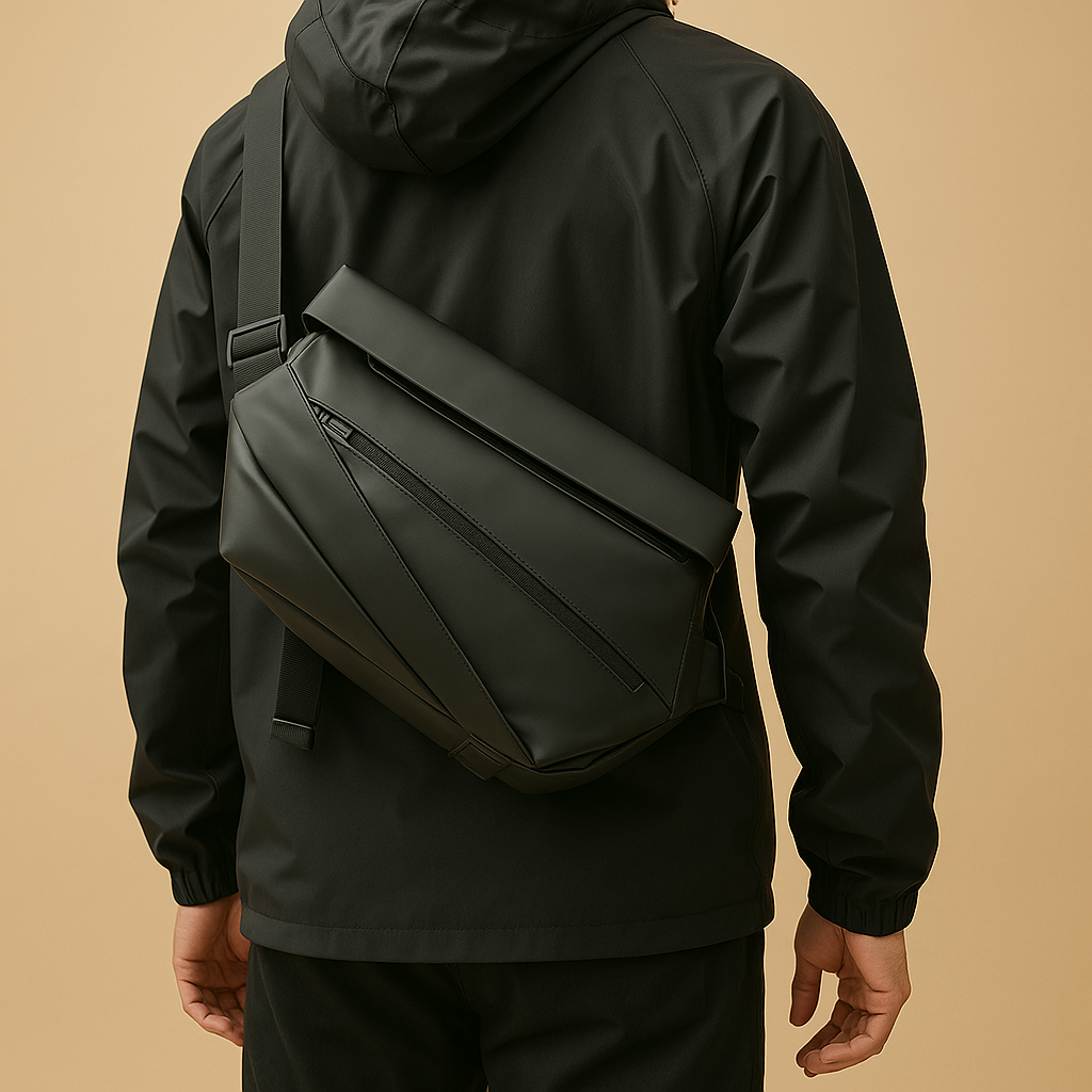 Anti-theft sling bag for men made of waterproof vegan leather with magnetic closure, zip compartments, and ergonomic strap—perfect for commuting or travel.