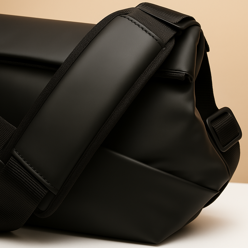 Anti-theft sling bag for men made of waterproof vegan leather with magnetic closure, zip compartments, and ergonomic strap—perfect for commuting or travel.