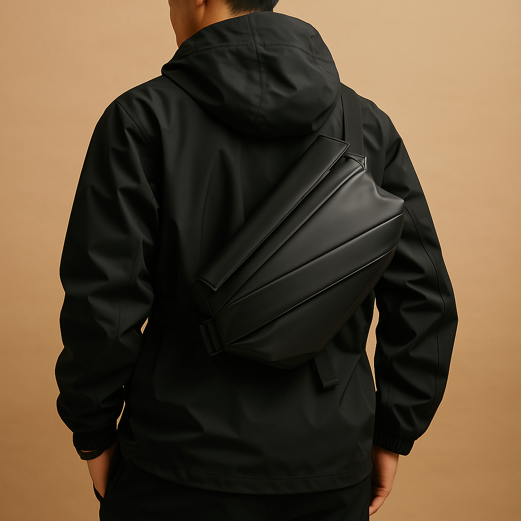 Anti-theft sling bag for men made of waterproof vegan leather with magnetic closure, zip compartments, and ergonomic strap—perfect for commuting or travel.