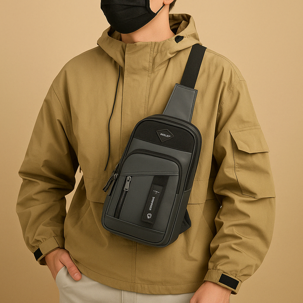 Men’s large messenger bag with waterproof and anti-theft compartments, ideal for professional and everyday use.