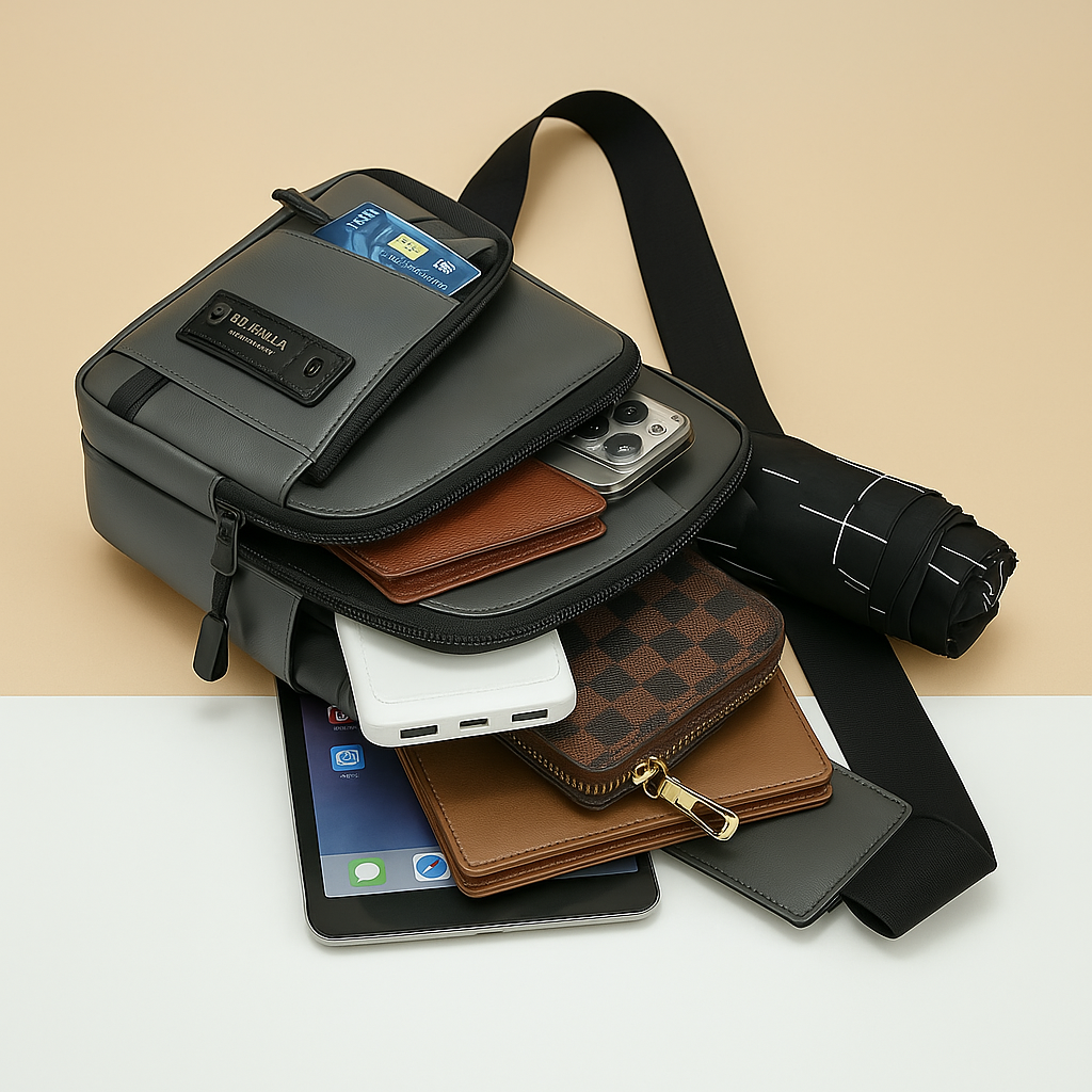 Men’s large messenger bag with waterproof and anti-theft compartments, ideal for professional and everyday use.