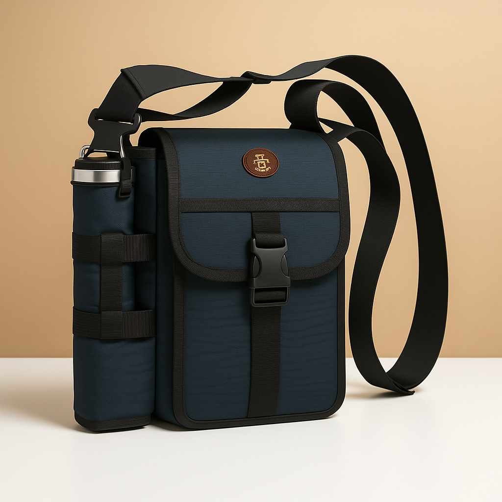 Men’s crossbody bag with water bottle holder, anti-theft rear pocket, and adjustable strap for travel, commuting, or outdoor use.