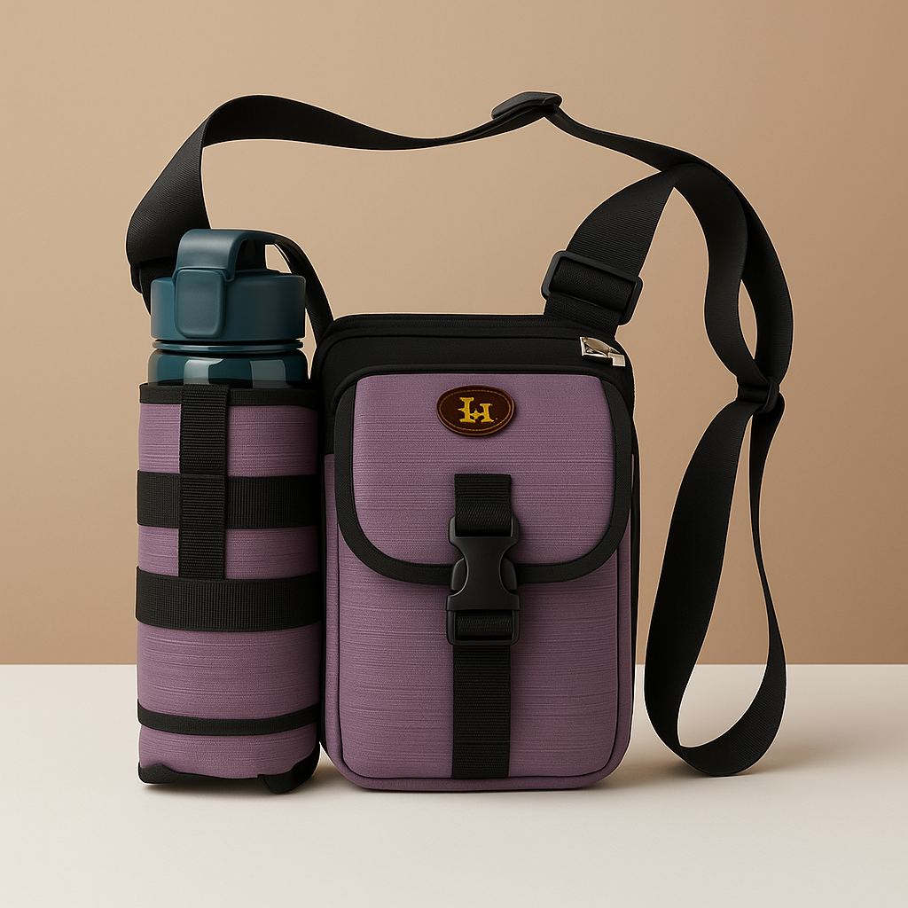 Men’s crossbody bag with water bottle holder, anti-theft rear pocket, and adjustable strap for travel, commuting, or outdoor use.