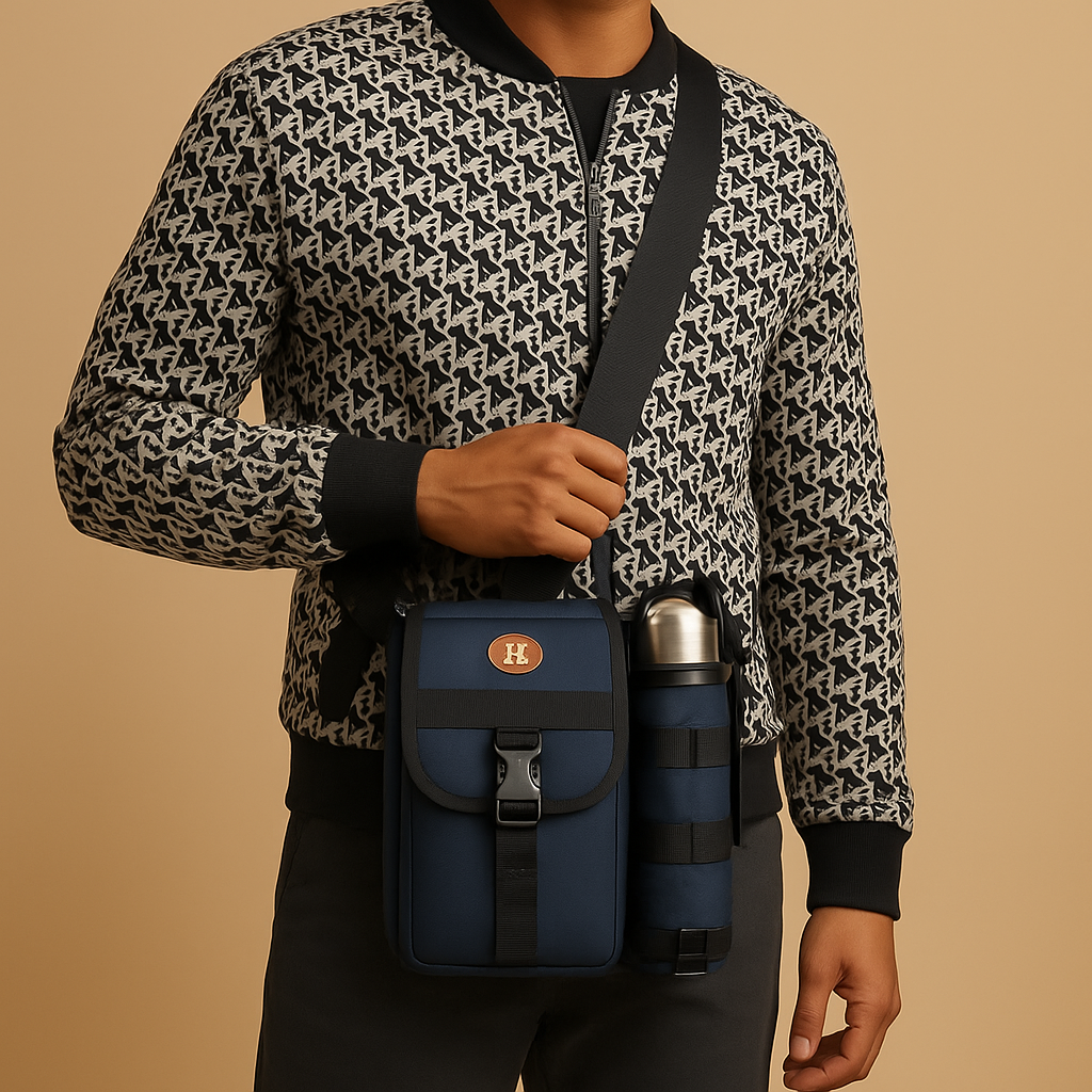 Men’s crossbody bag with water bottle holder, anti-theft rear pocket, and adjustable strap for travel, commuting, or outdoor use.