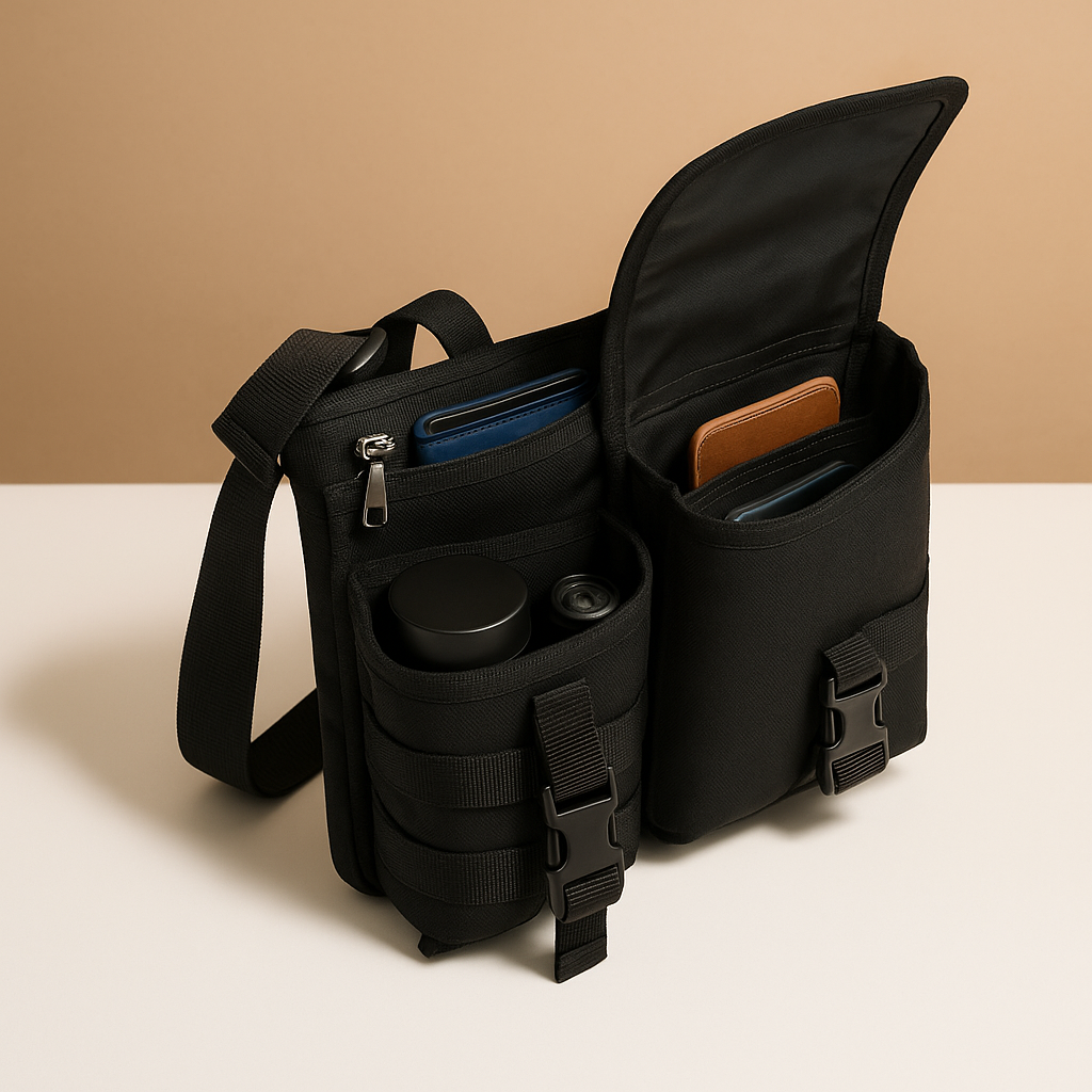 Men’s crossbody bag with water bottle holder, anti-theft rear pocket, and adjustable strap for travel, commuting, or outdoor use.