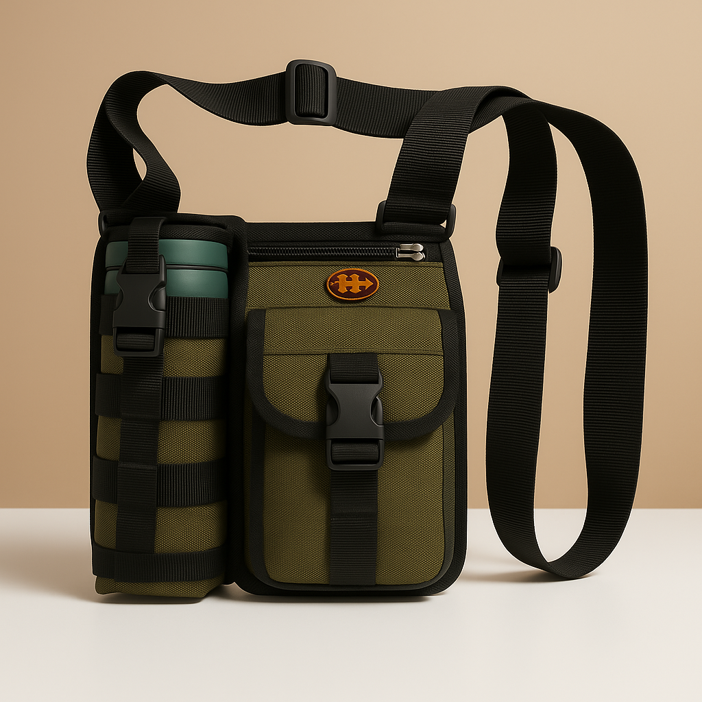 Men’s crossbody bag with water bottle holder, anti-theft rear pocket, and adjustable strap for travel, commuting, or outdoor use.