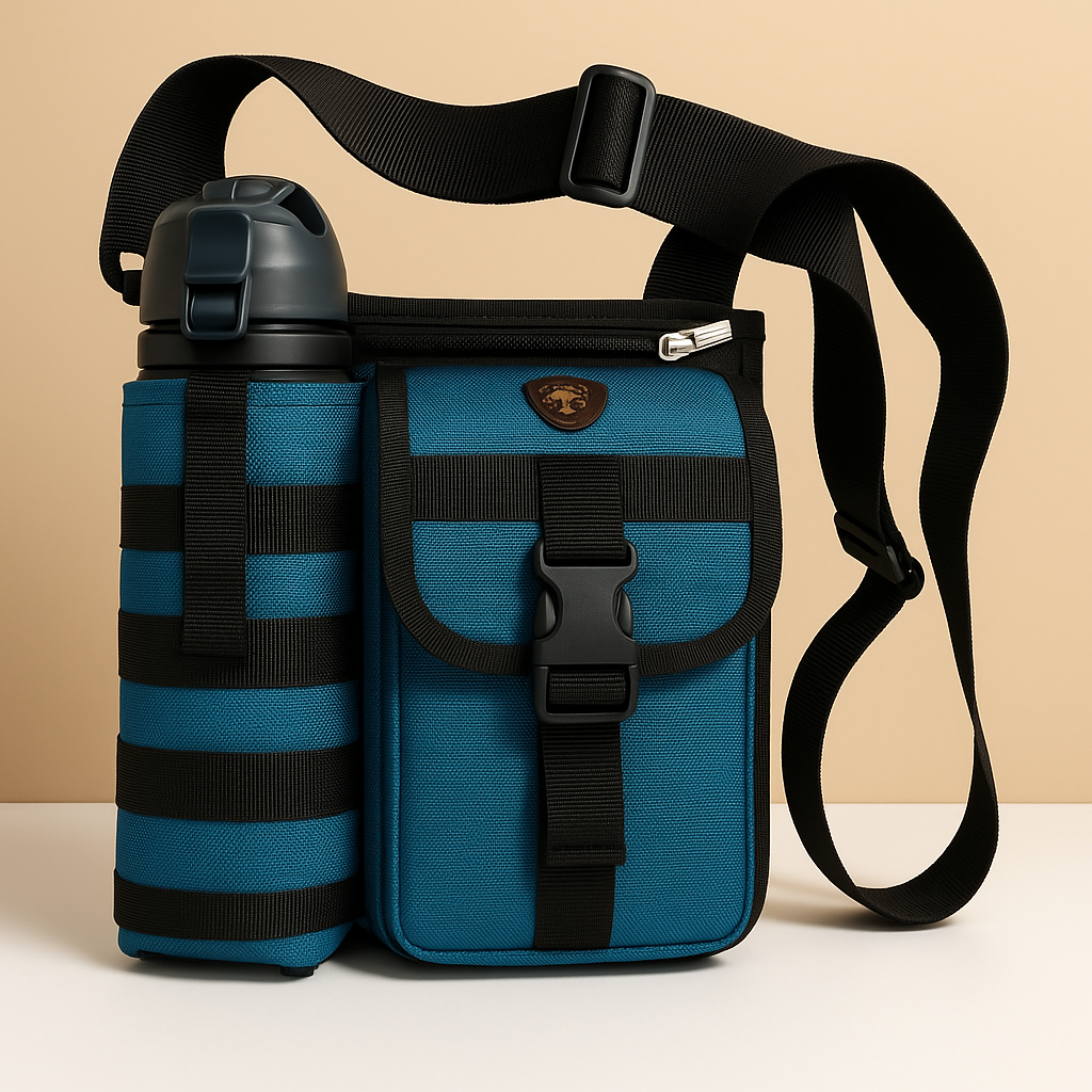 Men’s crossbody bag with water bottle holder, anti-theft rear pocket, and adjustable strap for travel, commuting, or outdoor use.