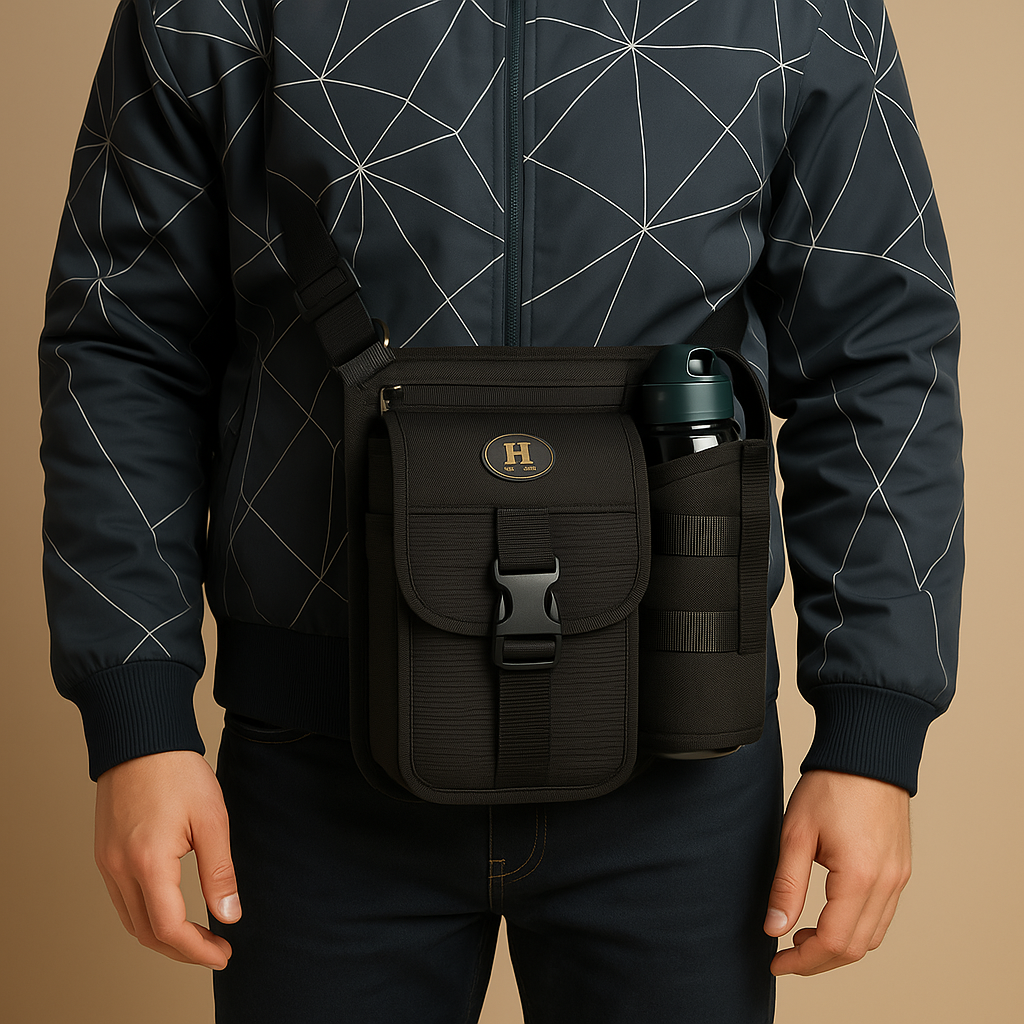 Men’s crossbody bag with water bottle holder, anti-theft rear pocket, and adjustable strap for travel, commuting, or outdoor use.