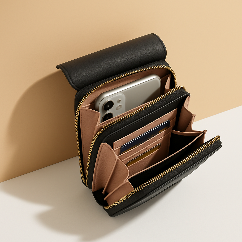 Women’s anti-theft leather shoulder bag with RFID protection and touchscreen phone pocket, ideal for travel and everyday use.