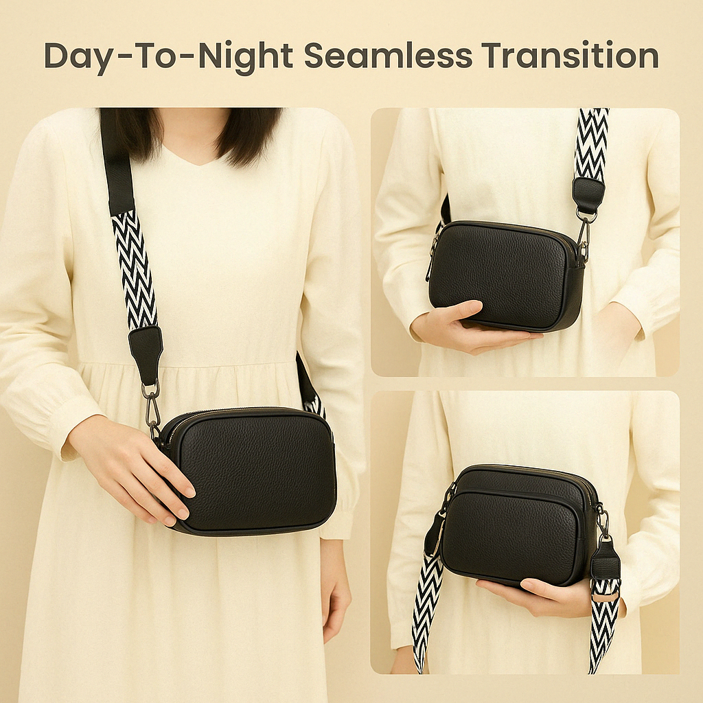 Women’s chic leather crossbody bag in PU with zippered compartments and water-resistant finish, perfect for elegant everyday wear.