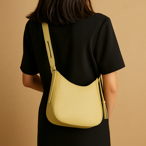 Minimalist crossbody bag for women in brown, blue, yellow, cream white, and rose red with elegant, lightweight design for daily wear.