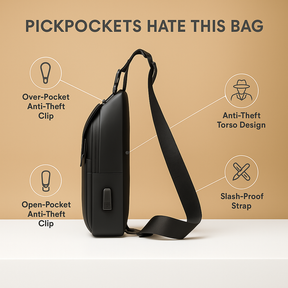 Men’s waterproof anti-theft crossbody bag with RFID protection and USB port—ideal for commuting and travel.