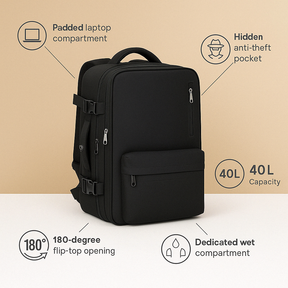 Women’s anti-theft travel backpack with wet compartment, padded straps, and 180-degree opening, ideal for vacations and daily use