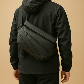 Men’s anti-theft sling bag in waterproof vegan leather with hidden compartments, zip pockets, and ergonomic padded shoulder strap.