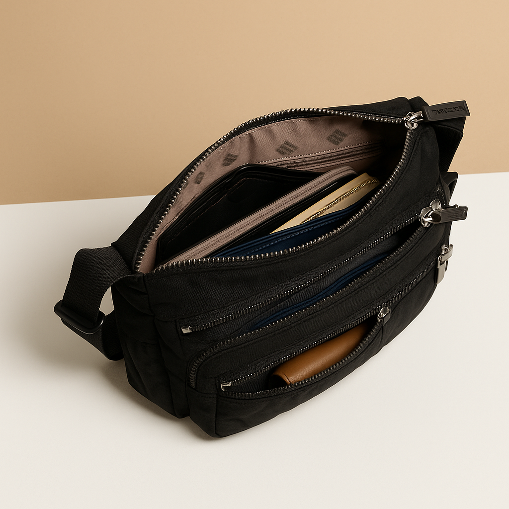 Women’s luxury crossbody bag with anti-theft features, hidden back pocket, and zip compartments, perfect for travel and daily use.