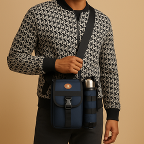 Men’s crossbody bag with water bottle holder, anti-theft rear pocket, and adjustable strap for travel, commuting, or outdoor use.