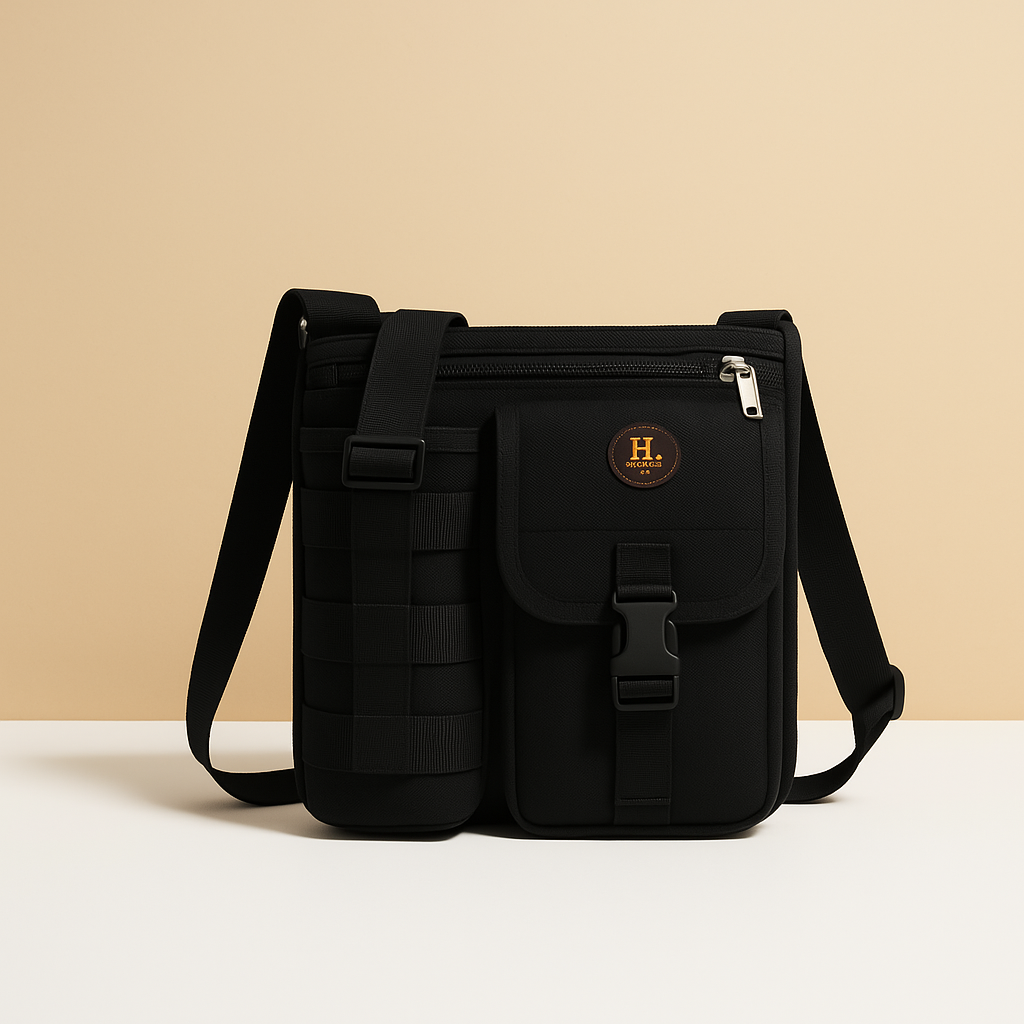 Men’s crossbody bag with water bottle holder, anti-theft rear pocket, and adjustable strap for travel, commuting, or outdoor use.