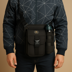Men’s crossbody bag with water bottle holder, anti-theft rear pocket, and adjustable strap for travel, commuting, or outdoor use.