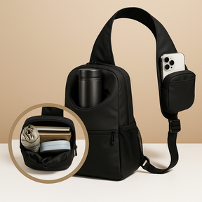 Men’s water-resistant crossbody travel bag with breathable strap, multiple compartments, and bottle holder—ideal for daily and outdoor adventures.
