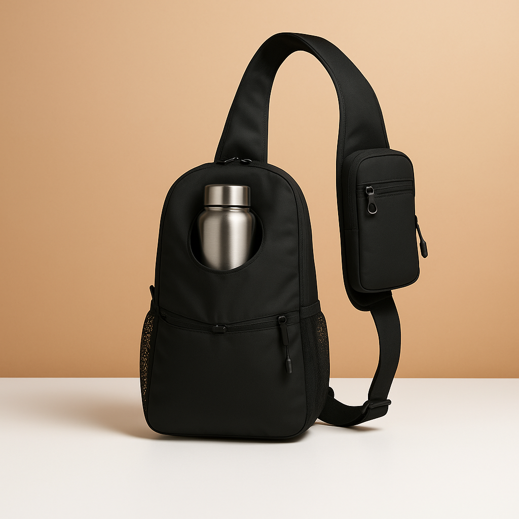Men’s water-resistant crossbody travel bag with breathable strap, multiple compartments, and bottle holder—ideal for daily and outdoor adventures.